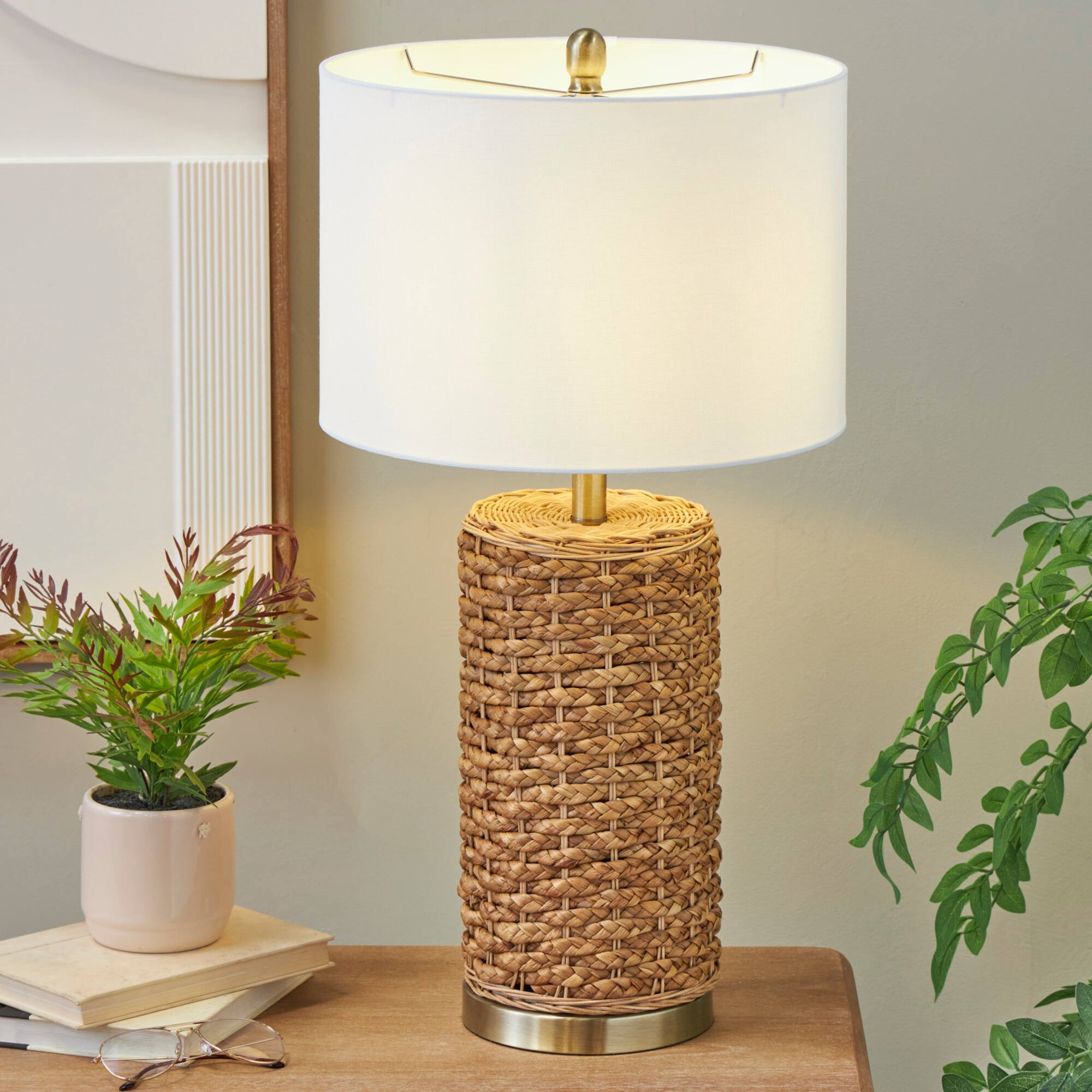 28" Bohemian Handmade Brown Rattan Textured Table Lamp with White Shade & Gold Base